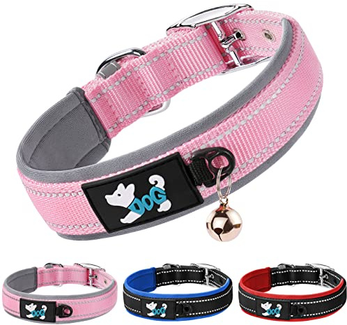 AUAUY Collare per Cani, Collare Riflettente in Nylon Regolabile, Collari Imbottiti Comfort per Animali con Fibbia in Metallo e Campana per Tutte Le Varietà Cani Piccoli, Medi e Grandi (Rosa-S)