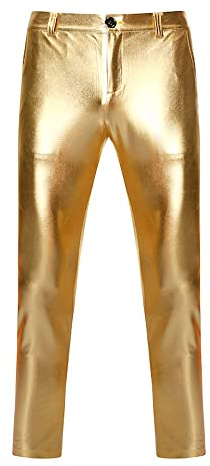 NewL Mens Night Club Skinny Shiny Gold Coated Metallic Pants Stage Perform Singer Disco Trousers (XL, Gold)