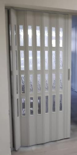 Porte coulissante pliante avec fenêtre blanche - Avec serrure et clé - Hauteur : 214 cm - Largeur d'encastrement : 82 cm - Hauteur : 214 x 82 cm - Double paroi