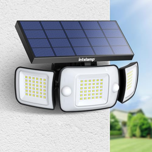 intelamp Foco Solar Exterior Luz Solar Exterior Focos Led Solares Potente 6000mAh Batería Luces Solares 1200LM con Sensor de Movimiento Garajes Luces de Jardin (1 paquetes)
