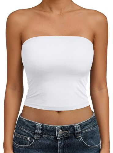 Trendy Queen Womens Tube Tops Strapless Crop Tops Basic Backless Sleeveless Going Out 2026 Spring Outfits Summer Clothes White S