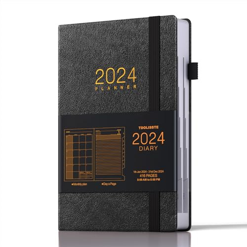 TDOLISSTE - Kalender 2024 Terminplaner, A5 Agenda Buchkalender 366-Seiten-Tagesplan und 24-Seiten-Monatsplan, Stiftschlaufe und Innentasche, Hardcover-Cover Schwarz