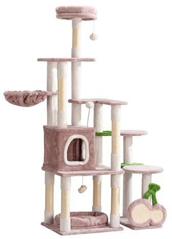 Fudajo Kratzbaum Kirschen in Rosa 162 cm hoch, Katzenkratzbaum mit Kratzbrett in Kirsch-Form, Katzenbaum mit Katzenhaus, Liegemulde und Spielbällen