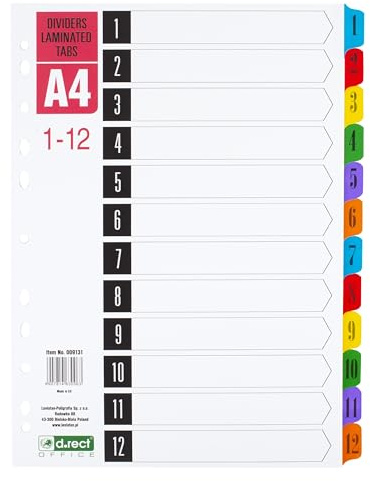 D.RECT Laminierte Register A4 für Dokumente, Registerkarten, 1-12, farbcodiert