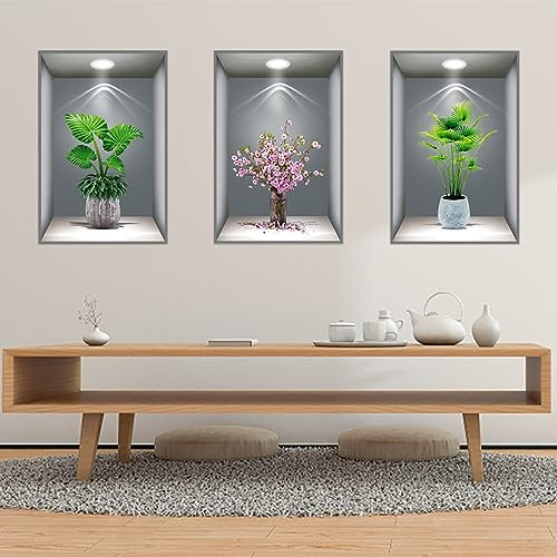 3 Stück 3D Wandaufkleber Vase, Vasen Wandtattoo für Wohnzimmer, Grüne Pflanze Wandsticker, DIY Wandbild Vinyl-Wandabziehbilder, Selbstklebend für Wohnzimmer,Schlafzimmer,Küche,Büro (30 x 45 CM, C)