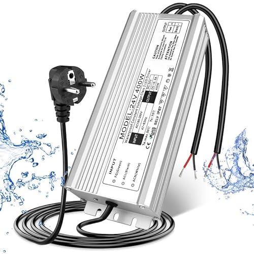 Trasformatore LED 24 V 400 W IP67, trasformatore impermeabile per esterni, con spina, alimentatore di rete, driver da 230 V a DC 24 Volt, adattatore LED Driver esterno per luci LED