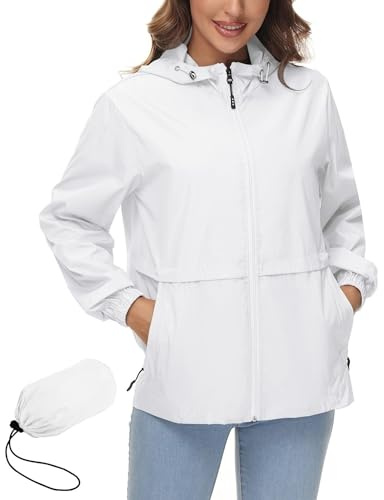 IECCP Waterproof Rain Coat Jackets for Women Plus Size Ladies Summer Lightweight Jackets Raincoats with Hoods Packable Thin Raincoat Whie 3XL