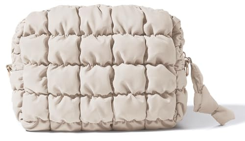 Yarnic Quilted Makeup Bag Cosmetic Bag, Travel Toiletry Bag for Women, Cute Makeup Bag Organizer Puffer Makeup Pouch (M, Beige)