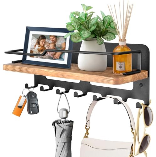 JiangLin Schlüsselbrett Holz mit Ablage, Dekoratives Schlüsselhalter, Schlüsselablage Wand mit 7 Schlüsselhaken, Schlüsselbrett Holz für für Eingang, Flur, Wohnzimme