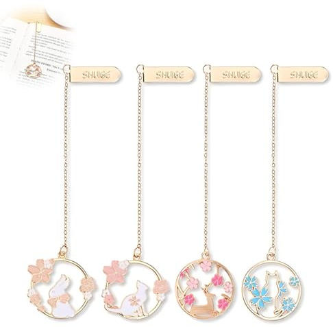 QOWUXHZ 4 Stück Seitenmarkierungen aus Metall mit Kette Lesezeichen in Blumenform, elegant und goldfarben, romantisches Geschenk für Frauen, Schriftsteller, Leser, Freunde, Jugendliche, Rosa, Blau