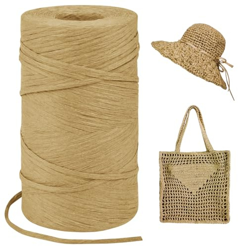 LEREATI Raffia Garn zum Häkeln, Bastband Natur 3mm x 300m Papiergarn Geschenkbänder, Bändchengarn zum Häkeln, Papierdraht zum Häkeltaschen, Körbe, Hüte, Geschenkverpackung (Helles Kaffee)