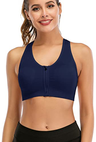 DODOING Zip Front Sports Bra Post Surgery Bra Yoga Bra Workout Fitness Activewear Racerback Padded Bras for Women