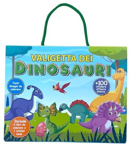 EURO PUBLISHING Valigetta dei Dinosauri - cm 26,5x21,5 (include 2 libri da colorare+1 sticker book+100 stickers attacca e stacca)