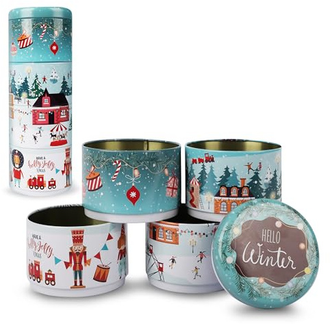 MiCasa SuCasa 4er Set Weihnachts-Vorratsdosen – Dunkelblaues Design | 4er Set Weihnachts-Vorratsdosen – Dunkelblaues Design – Robuste Metall-Keksdosen, stapelbar, ineinander steckbar