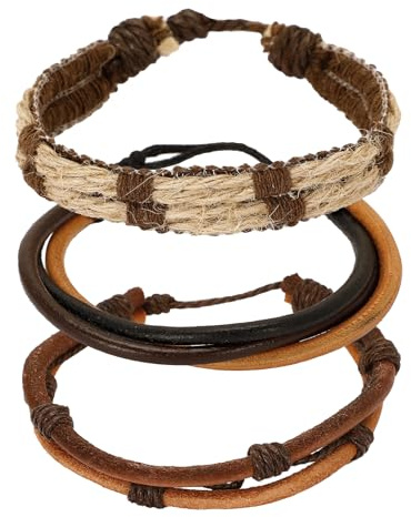 Goufaju 3 Pcs Vintage Leather Bracelet for Men Women Adjustable Men Leather Bracelets Braided Multilayer Leather Brown Wristband