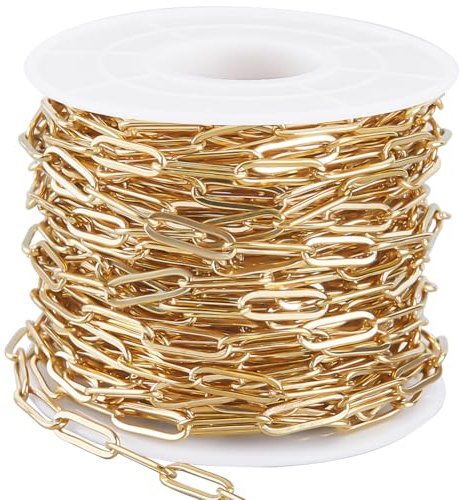 Beebeecraft 32.8 Fuß/10 m Goldene Büroklammerkette Großpackung Mit 304 rechteckigen Quadratischen Verlängerungsverbindern Aus Edelstahl Mit Spule Für Die Schmuckherstellung Halsketten Armbänder