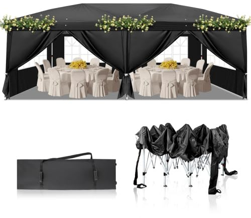 LEADZM 3x6m Tonnelle de Jardin Pliable Pop-up Barnum, Noir | Réglable en Hauteur, Imperméable,Protection UV 50+,avec 6 Côtés,Cadres en Acier,Convient pour la Fête, l'extérieur,Patio