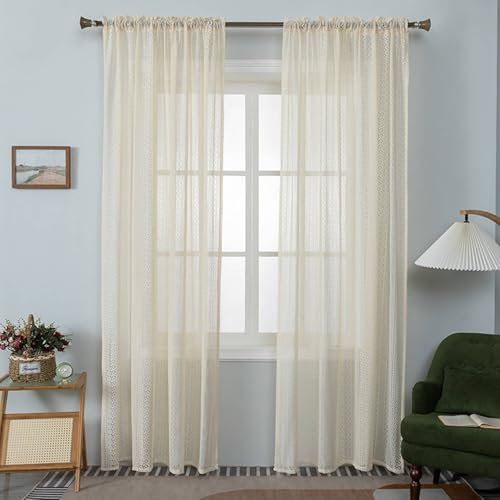 Wycian Vorhang Outdoor Ösenvorhang Creme Beige Voile 2er Pack Mesh mit Einfacher Textur H214 x B102 cm (2er Pack) Polyester