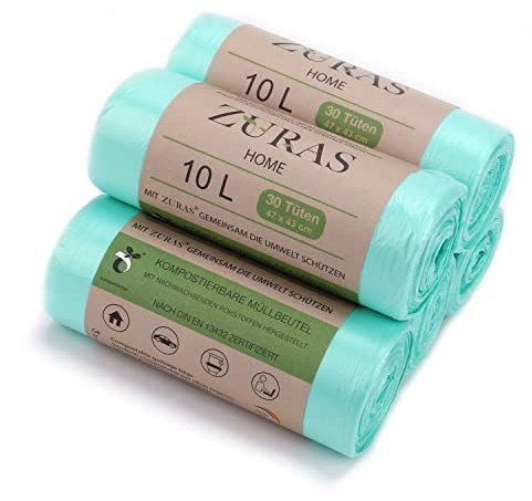 ZURAS Sacchetti per rifiuti biologici da 10 litri, 150 pezzi, compostabili, biodegradabili, a base vegetale, certificati DIN EN 13432, impermeabili e antistrappo