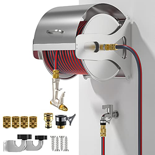 Stainless Steel Garden Hose Reel with 10/15/20/30M Hose, Wall Mounted Hand Crank Water Pipe Reel Hose Storage Holder with 5 Pattern Hose Nozzle and Mounting Accessories (C 15m)