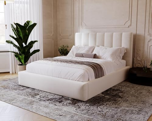 Emporius Polsterbett 200x200 Velor - Doppelbett mit Bettkasten, Schlafzimmer, Lattenrost, Samtstoff, Doppelbett Creme 200x200 (Magic Velvet 2201)