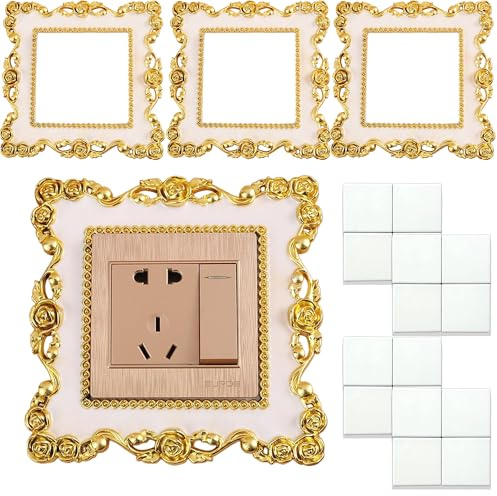 DWUENT Light Switch Surround, Decorative Switch Cover with Vintage Roses Pattern in Gold White - Self-Adhesive Frame for Wall Plates, 4-Pack, 15.5x15.5 cm