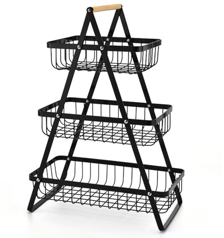 Esenlong 3 Tier Fruit Stand,Fruit Bowl Holder,Bread Rack with Wooden Handle,Multifunctional Countertop Vegetable Basket Bowl,Countertop Storage Rack in Home,Kitchen Office
