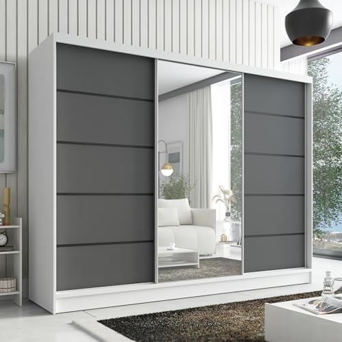 A&J MöbelLand Kleiderschrank Aurelia 2 – Schwebetürenschrank 200 cm breit mit Spiegel, 3-türig, Kleiderschrank mit Schubladen, Schiebetürenschrank für Schlafzimmer oder Garderobe