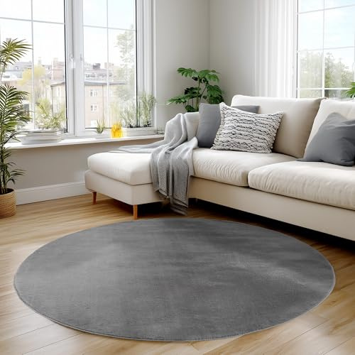 Carpettex Runder Teppich Grau 200 cm- Kurzflor Teppich Waschbar, rund, weich & rutschfest, modern einfarbiges Design für Wohnzimmer, Küche Schlafzimmer, & Kinderzimmer