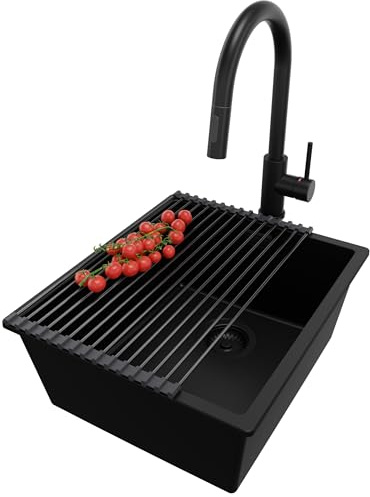 PRIMAGRAN Fregadero bajo Encimera al Mueble 45cm + Grifo, 41x47cm | Set: Grifo BW9010 + Kit de desagüe + Enrollable Escurridor + London 1 Seno Granito, Todo Negro