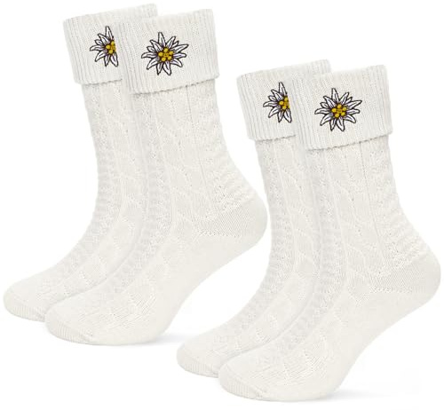 YYSWSAKY Lot de 2 paires de chaussettes traditionnelles pour homme et femme Oktoberfest avec motif brodé, chaussettes en tricot beige