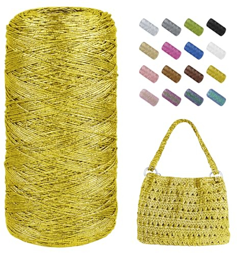 Uiopa Cordino per Borse Uncinetto, 1mm x 480m Filo Uncinetto Metallico Cordoncino, Filo Macrame Glitter Corda per Borse, Cestini, Decorazioni, Artigianato (Oro)