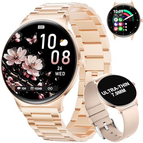 BENYAR SMART Montre Connectée Femme avec Appel Bluetooth, 1.43 HD AMOLED Ronde Smartwatch Femme, Fonction Féminine/100+ Modes Sport/Étanche IP68/Podomètre pour Android iOS, Or Rose