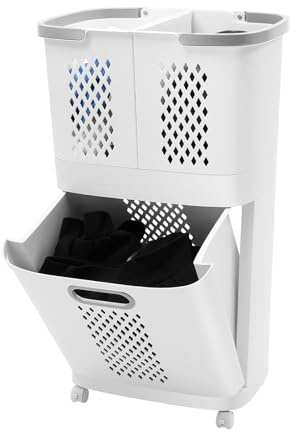 2-Tier Rolling Laundry Hampers, Removable Clothes Hamper Organizer with 4 Partitions Breathable Hollows and Multifunctional Saving Space Storage Clothes Basket Cart for Laundry Rooms Balconies Etc