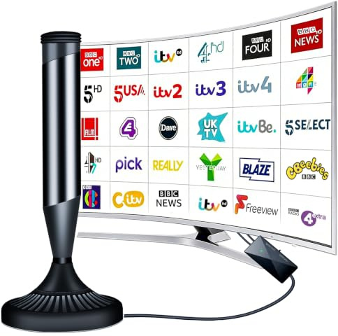 CSUXYD Indoor TV Aerial, Indoor Aerial for Smart Tv 880+ Miles Long Range Reception, Freeview HD Digital Tv Aerial Indoor with Signal Booster Amplifier, Support VHF/UHF/DAB Radio/4K/1080P(Pure Black) | Strong Magnetic BaseTV Aerials Indoor, Easy Installation, 360° Long Range Reception, Compatible with All Smart TVs