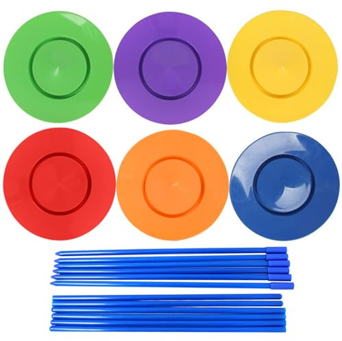 Owddddtnxc Rotating Plates, 6Pcs Plastic Juggling Sticks with Plates, Fun Balance Toy for Kids, Indoor, Outdoor Balance Toy