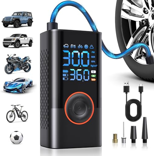 Fshyos Elektrische Luftpumpe,150PSI/10,3 BAR elektrisch Fahrradpumpe Tragbare Akku 12v Kompressor mit Digital LED-Licht Voreingestellter Reifendruck Auto-Stopp für alle Fahrräder Motorrad Auto