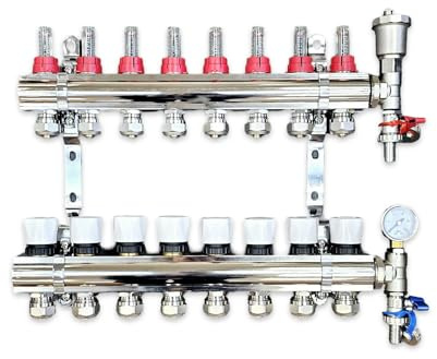 8 Port Complete Underfloor Heating Manifold with Pipe Connections, Automatic Air Vent & Pressure Gauge (Copper 15mm eurocones)