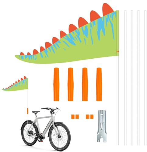 RNPKZ Banderín para bicicleta de 150 cm, banderín de seguridad para bicicleta infantil, bandera de seguridad de dinosaurio, bandera de bicicleta reflectante, altura ajustable, como accesorio de