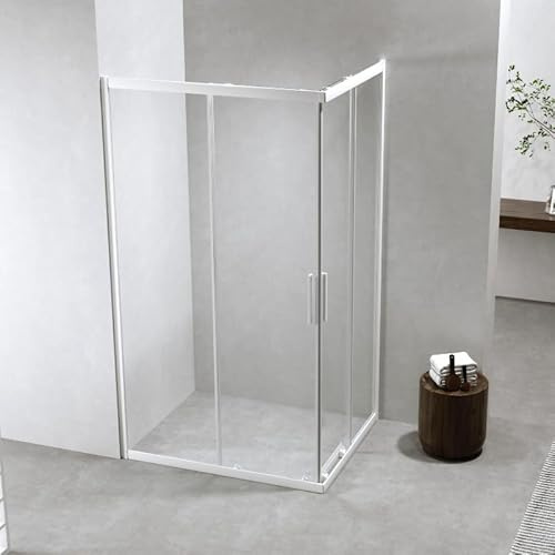 Auria Box Doccia Angolare 80x100 cm h190 - Cabina Doccia Scorrevole in Cristallo Temperato 6mm Trasparente, Profilo Alluminio Bianco Opaco, Chiusura Magnetica e Cuscinetti Sganciabili - Mod. Neat
