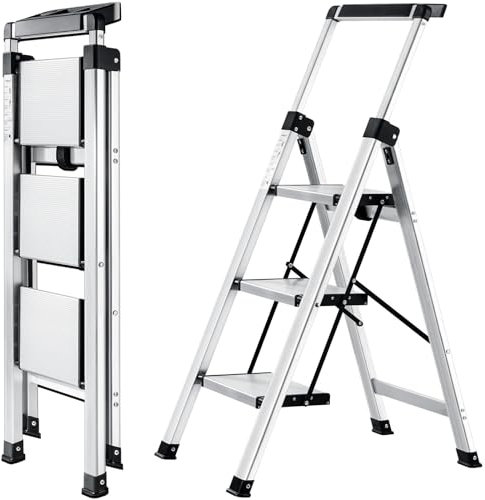 XinSunho Scala Alluminio 3 Gradini, Scaletta Pieghevole con Vaschetta Portaoggetti e Corrimano Estraibile, Scaletta 3 Gradini Antiscivolo, Per Uso Domestico e Lavorativo, Portata 150 kg