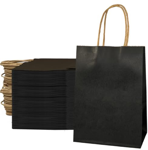50 Stück Schwarze Papiertüten Mit Henkel, Schwarz Papiertüten mit Griff, ideal als Geschenktüten oder Papiertaschen, verdicktes Papier in den Größen 21x8x15cm
