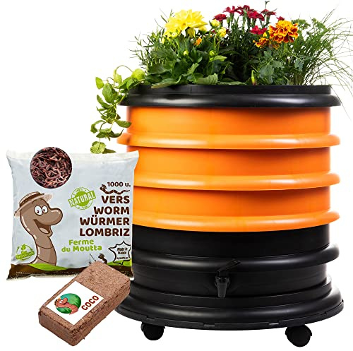 WORMbox | Wurmkomposter Wurmfarm Wurmkiste mit 3 Schalen Orange + Pflanzgefäß + 500g Kompostwürmer / 1000 STK + 1 Coco | 48 Liter | Regenwurmkomposter, Kompostwürmer produzieren Wurmhumus