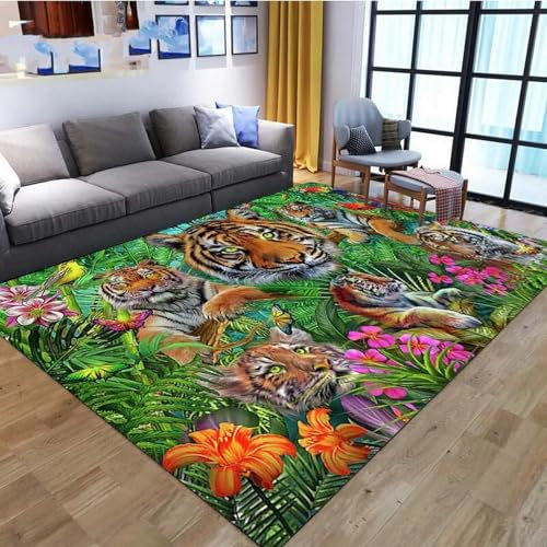 Kind Teppich 100 X 120 cm, Schlafzimmer Teppich, 3D Teppiche Wohnzimmer Teppiche Weich rutschfest Teppich Für Wohnzimmer Schlafzimmer Bettvorleger Tiger-Dschungel-Tierwelt -7J5Q0S7K2E3