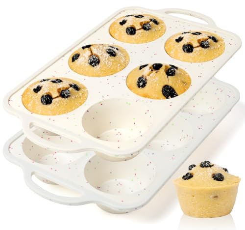 CAKETIME Molde grande para magdalenas con marco de metal, molde grande de 3.5 pulgadas, bandeja de silicona para 6 magdalenas, fácil de manejar