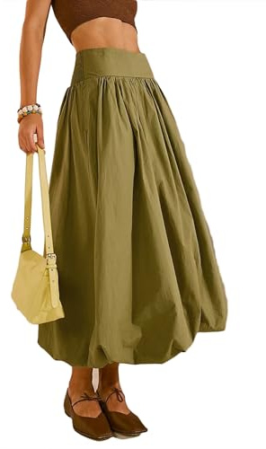 JEAAMKSSER Y2K Bubble Maxi Skirts for Women A Line Long Pleated Casual Summer Skirts 2024 Elastic Waist Balloon Midi Skirt # Green XL