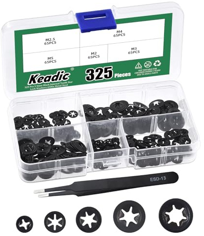 Keadic 325Pcs M2 M2.5 M3 M4 M5 Innenzahn Unterlegscheiben Sortiment Set, 65Mn Stahl Schwarz Oxid Star Lock Unterlegscheibe, Halteklammern Befestigungselement für Möbel Elektrische Automobil
