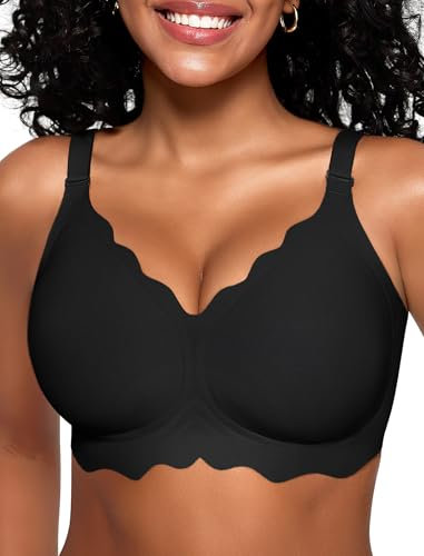 Vertvie Seamless Scalloped Bras for Women No Underwire Wireless Push Up Bra Soft Support Full Coverage Comfort Everyday Bra (Black,XL)
