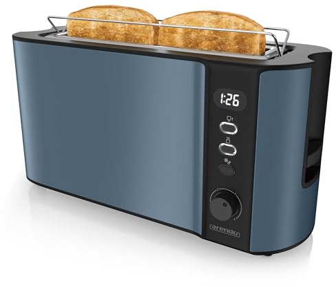 Arendo - Toaster Langschlitz 2 Scheiben - Defrost Funktion - 1000 W - Doppelwandgehäuse - Integrierter Brötchenaufsatz - Bräunungsgrade 1-6 – Display mit Restzeitanzeige - Edelstahl Admiralblau