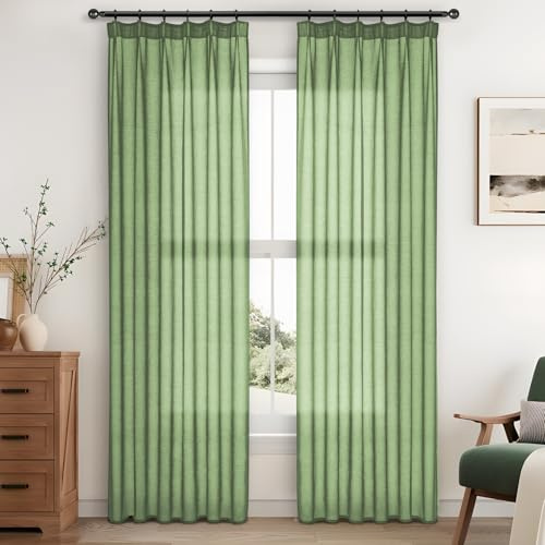MRTREES Gardine Grün Transparent Gardine Kräuselband 220X140cm (HxB) 2er Set Leinenoptik Vorhänge mit Schienensystem für Wohnzimmer Schlafzimmer Küchenfenster